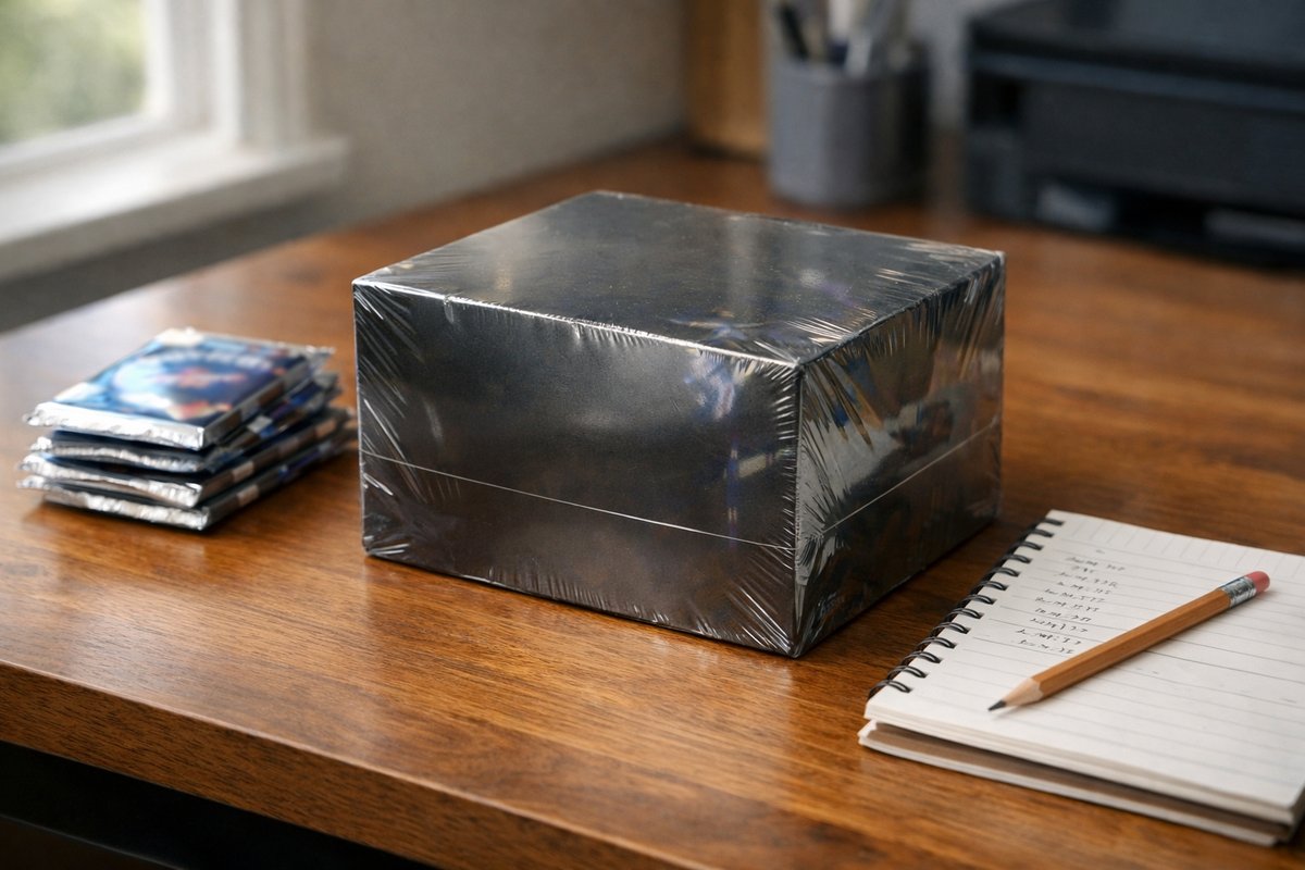 Sealed trading card hobby box on a reseller's desk next to cost calculation notes, representing the 2025 Topps Star Wars Masterwork UK resale opportunity