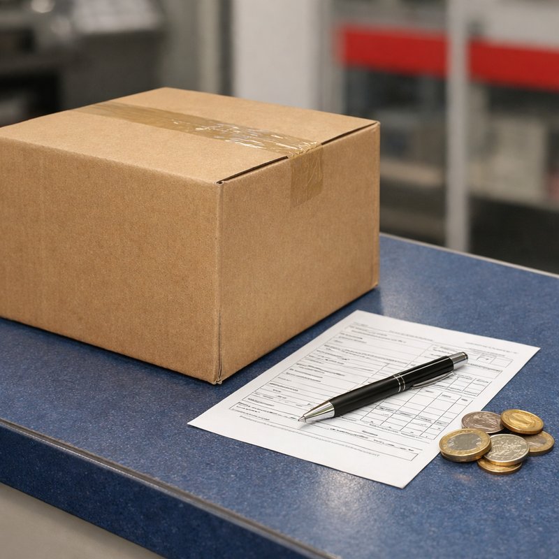 Sealed shipping box with British pound coins and a customs form, illustrating import costs for UK resellers buying trading cards from the US