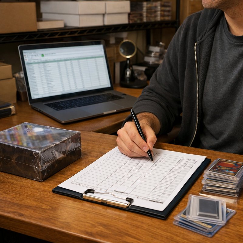 Reseller's desk with a sealed hobby box and a grading submission form, illustrating the crack, flip, or grade decision process