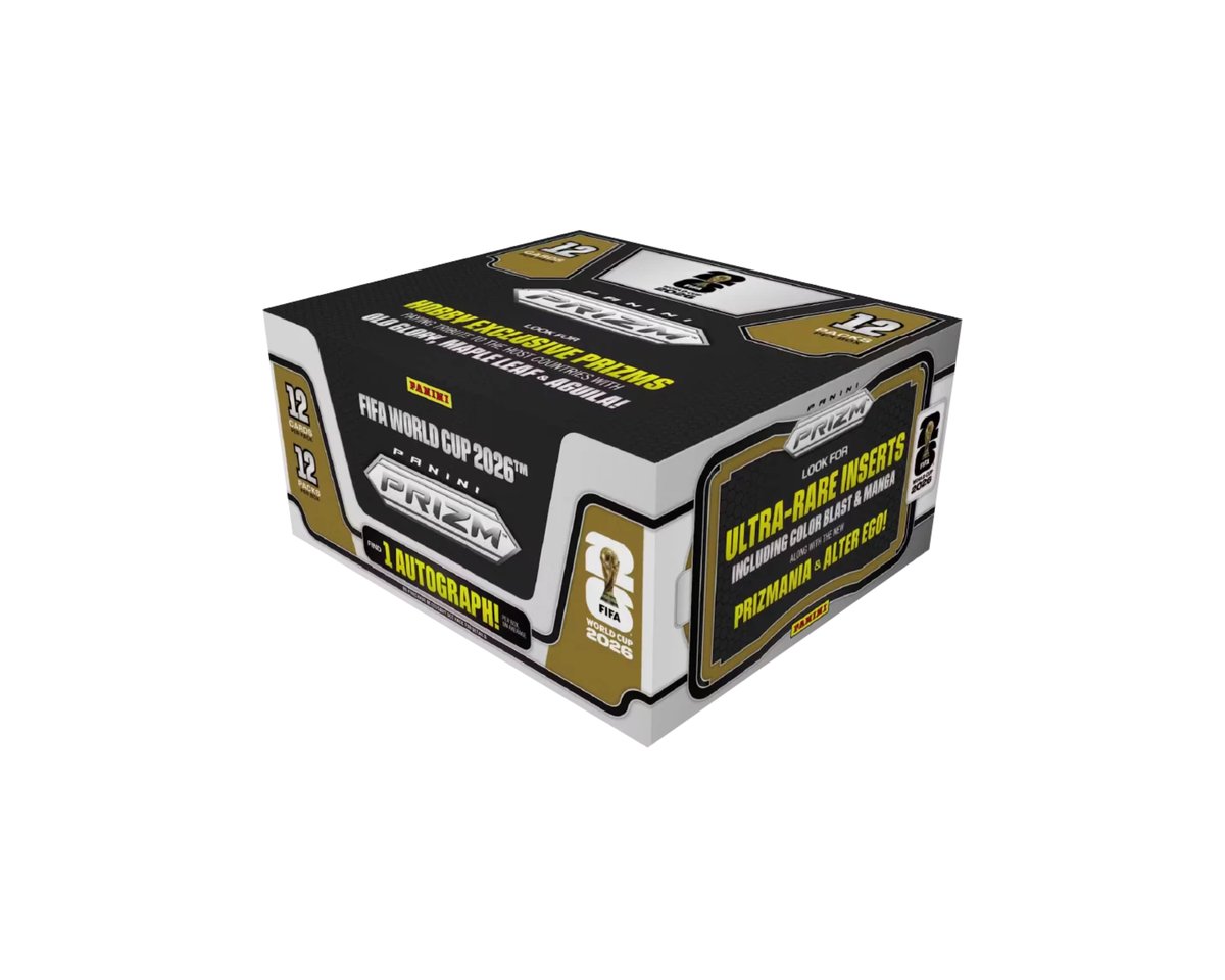 Sealed football trading card hobby box with holographic parallel cards fanned out on a wooden desk, representing the 2026 Prizm World Cup release