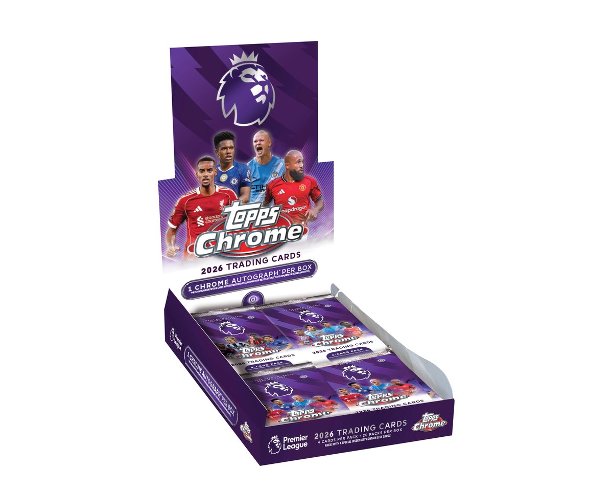 2026 Topps Chrome Premier League hobby box sealed alongside holographic refractor trading cards