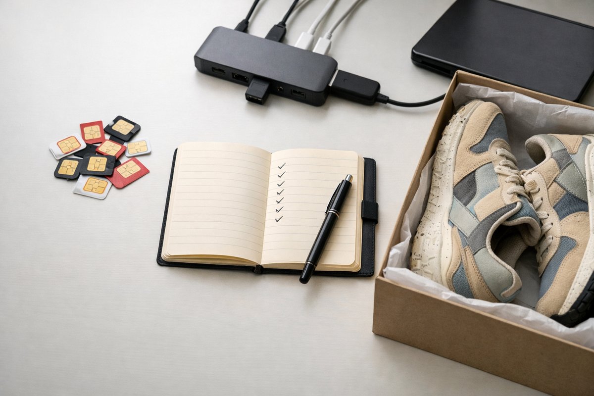Flat lay of SIM cards, a notebook with lists, and a boxed pair of limited-edition trainers representing UK raffle entry infrastructure setup