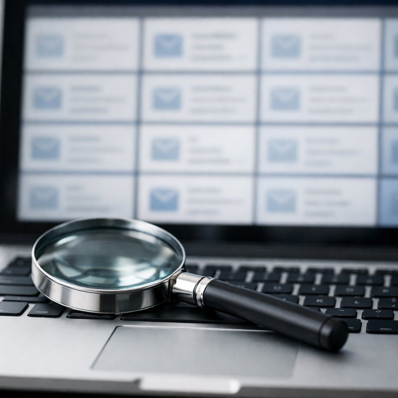 Magnifying glass resting on a laptop keyboard with blurred email inbox visible on screen, representing account trust and detection signals in UK raffle entries