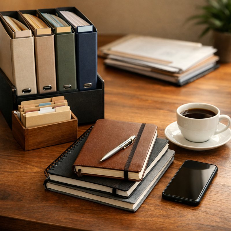Neatly organised desk with labelled folders and notebooks representing a sustainable and well-maintained UK reselling account infrastructure
