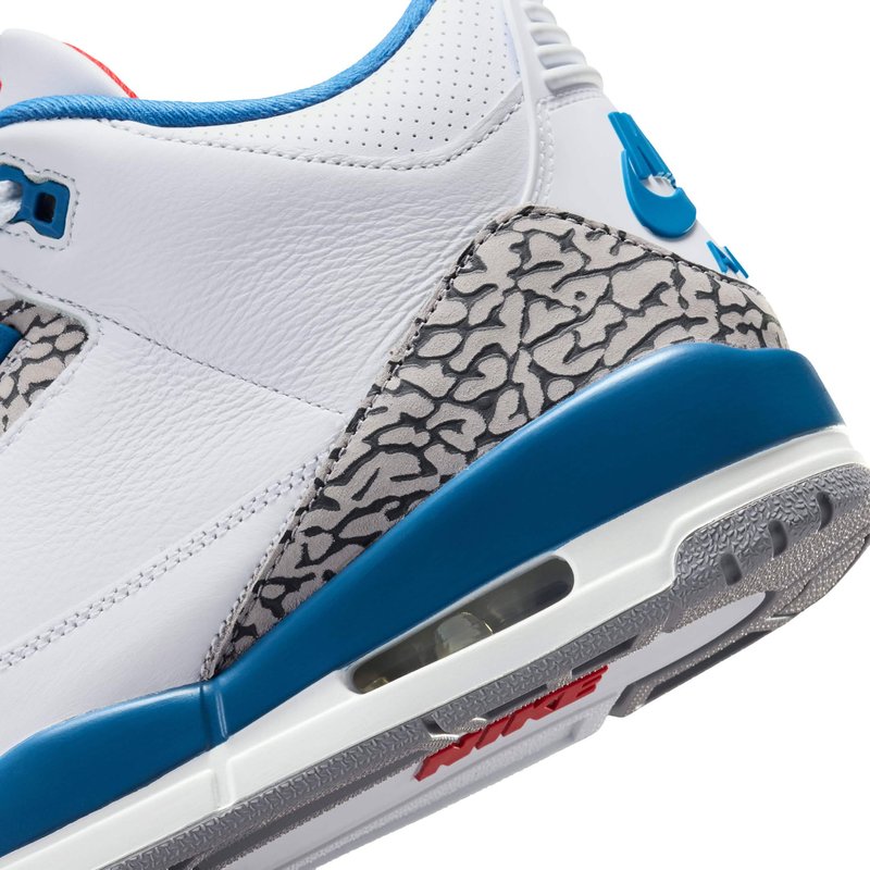 Sneaker box label with style code and UK pound coin illustrating Air Jordan 3 True Blue 2026 retail details