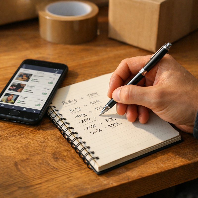 Reseller calculating net margin and platform fees by hand in a notebook beside a smartphone in the United Kingdom