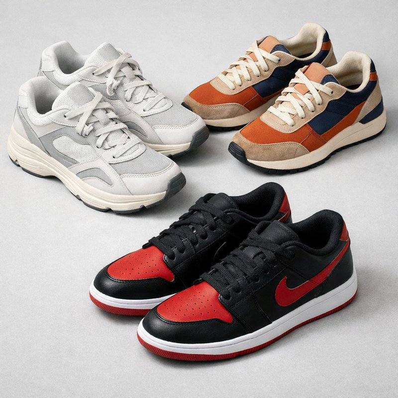 Three different trainer silhouettes on a grey surface representing varied UK drop formats in 2026