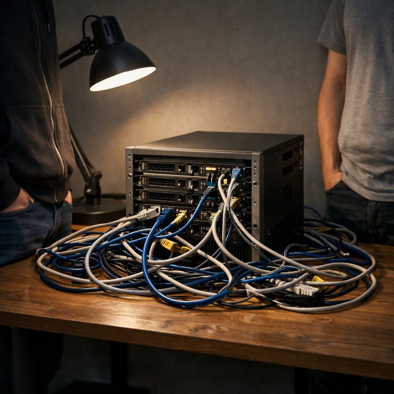 Server rack and ethernet cables on a wooden desk representing UK reselling proxy and automation infrastructure
