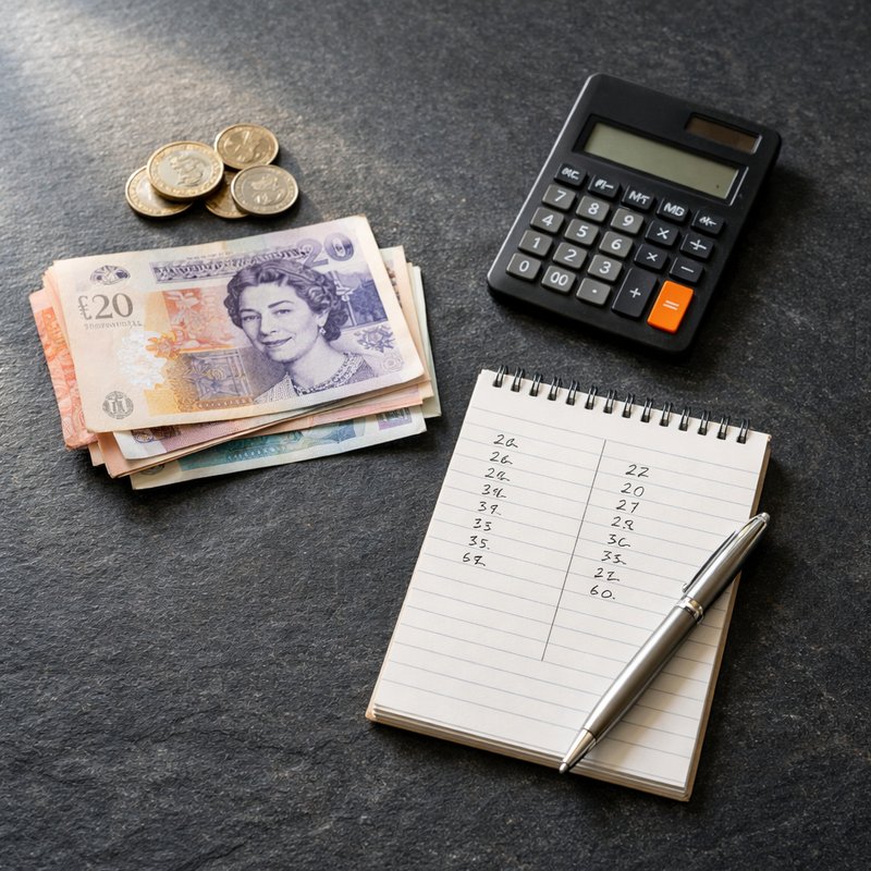 British pound notes, calculator and cost notebook representing total cost of ownership for UK botting in 2026