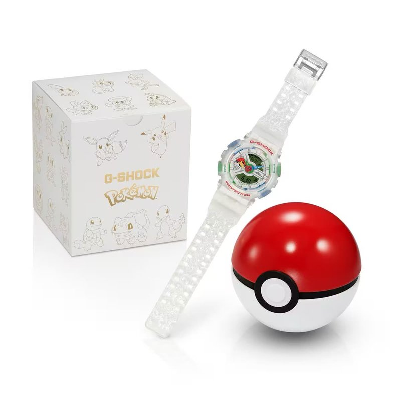 Flat lay of a limited edition sport watch with collectible items representing the Pokémon 30th Anniversary collaboration UK resell opportunity