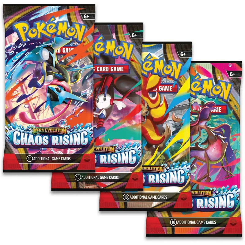 Pokemon TCG Chaos Rising booster packs spread out showing holographic packaging detail