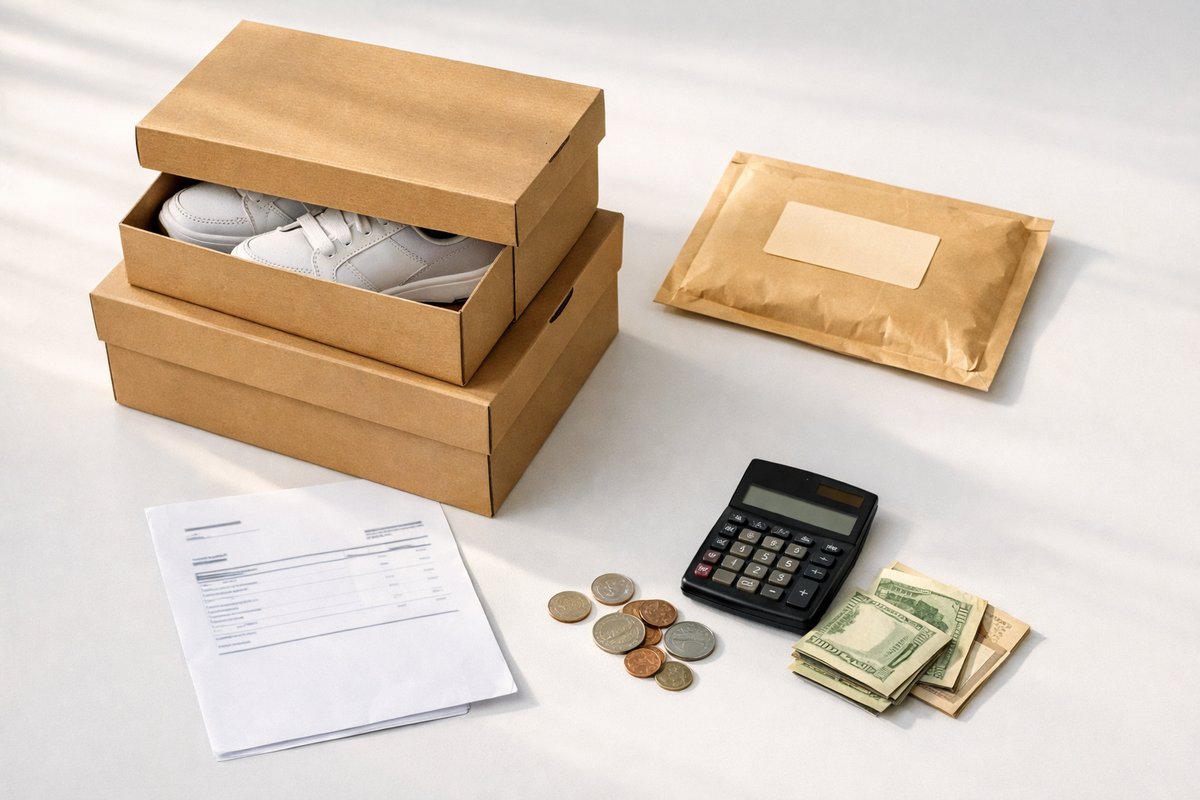 Boxed trainers, postage envelope, receipt and calculator showing the real costs of reselling on eBay and Vinted UK in 2026