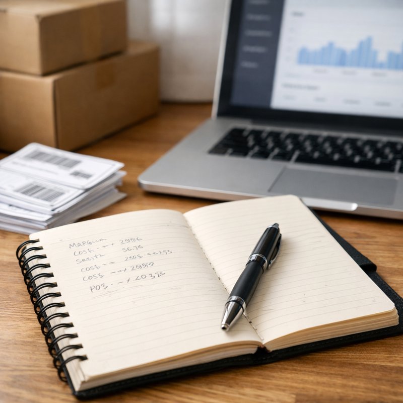 Reseller's desk with margin calculations, shipping labels and a laptop showing a seller dashboard used to track eBay fees