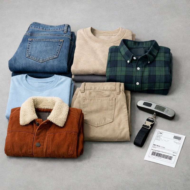 Neatly folded secondhand clothing with a postal scale and shipping label representing Vinted reselling in the UK