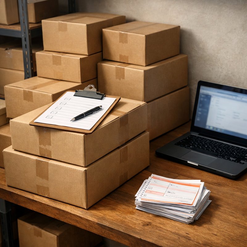 Organised reseller stockroom with sealed boxes, a clipboard checklist and a laptop for tracking UK reselling business records