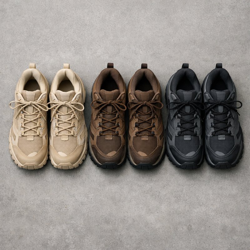 Three gorpcore-style trail trainers in earth-tone and greyscale colourways laid flat on concrete, illustrating silhouette and colourway selection for UK resellers