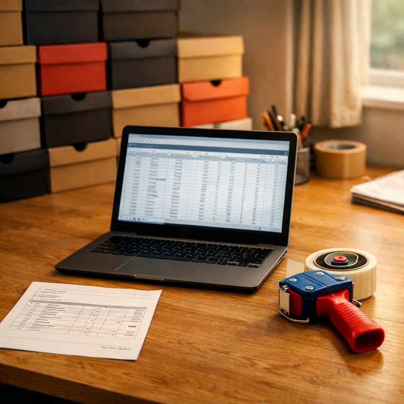 UK reseller's home office desk with stacked trainer shoeboxes, laptop spreadsheet and packing materials showing organised gorpcore inventory operation