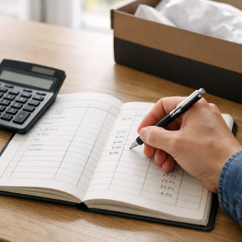 UK reseller recording trainer sale margins and costs in a financial ledger notebook, representing disciplined record-keeping for a gorpcore reselling operation