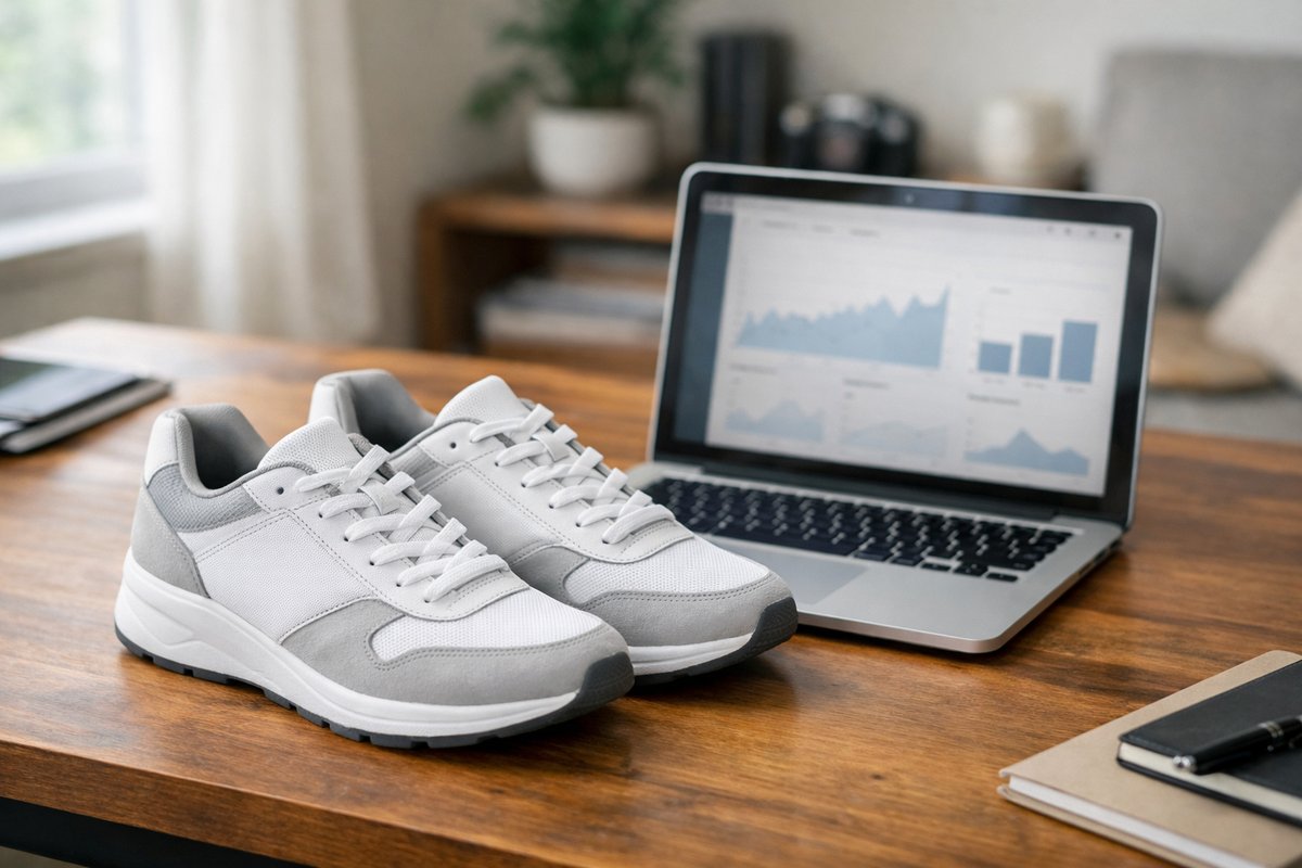 Unbranded sneakers on a desk beside a laptop, representing UK sneaker reselling and automated checkout strategy in 2026