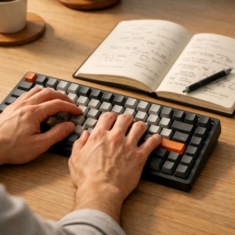 Person typing on a keyboard with a notebook open, representing the profile submission and ACO workflow for UK sneaker drops