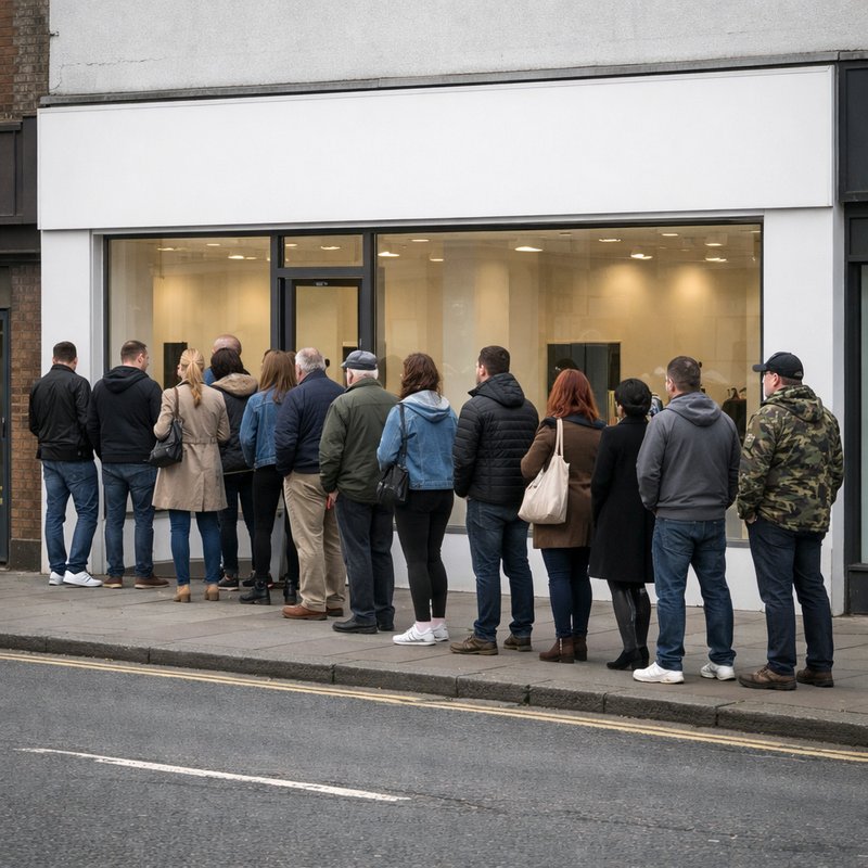 People queuing outside a UK sneaker boutique, illustrating the raffle and FCFS drop formats that determine ACO effectiveness