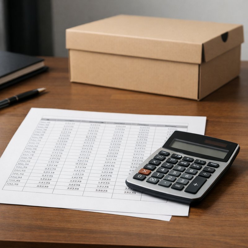 Desk with a printed financial spreadsheet and calculator alongside a sneaker box, representing margin calculations for UK sneaker resale in 2026