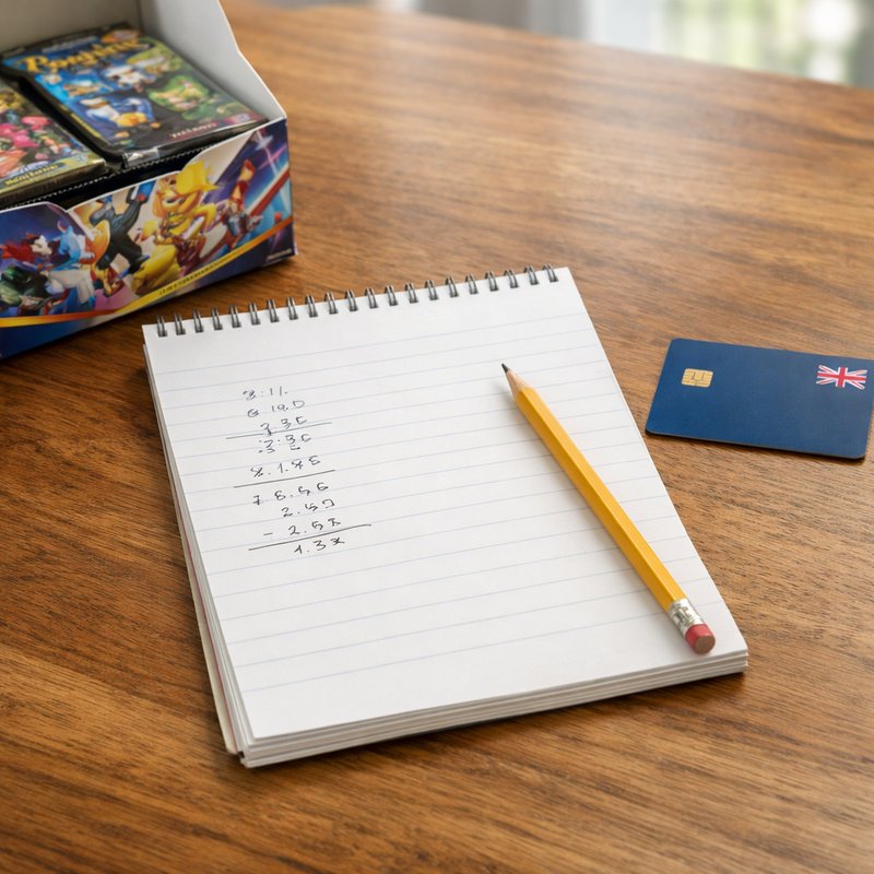 Handwritten reseller profit margin calculation beside a Pokemon box and UK bank card on a wooden desk