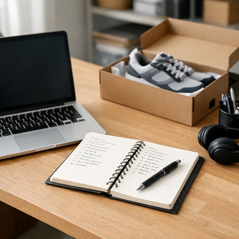 Operator's desk with laptop and notebook next to a boxed pair of trainers, representing a disciplined single-account raffle approach