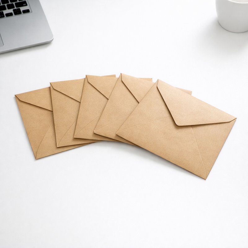 Six sealed envelopes fanned out on a white desk, representing multiple simultaneous UK retailer raffle entries for a single sneaker release