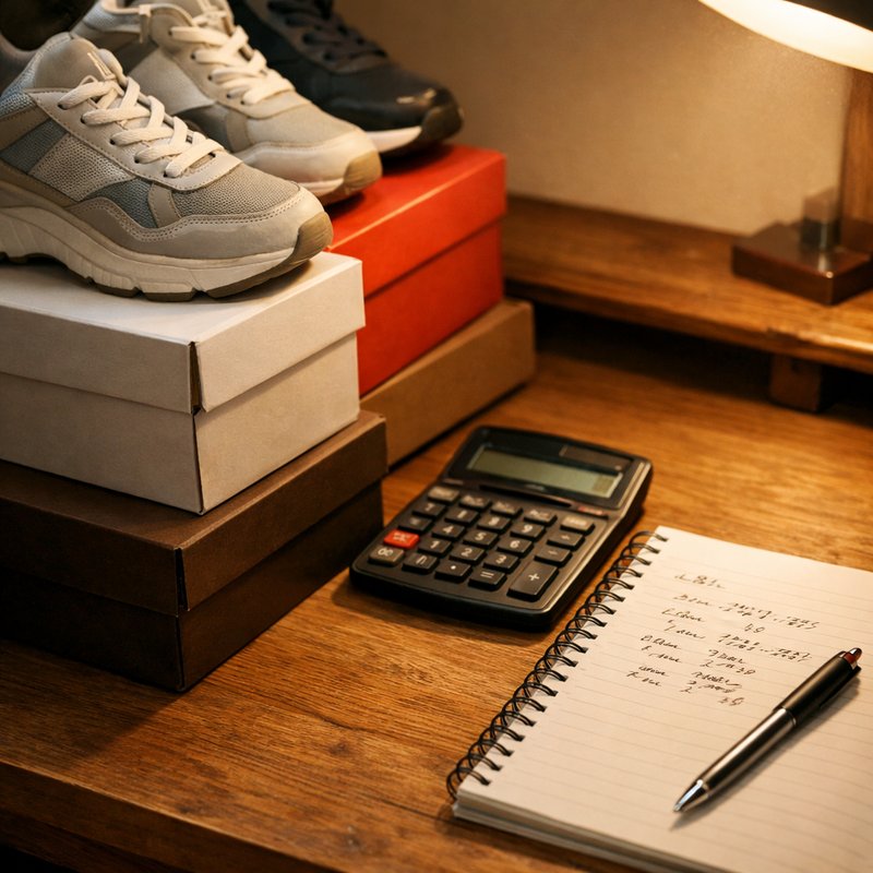 Boxed trainers stacked beside a calculator and notebook with handwritten margin calculations, representing UK sneaker resale profit planning