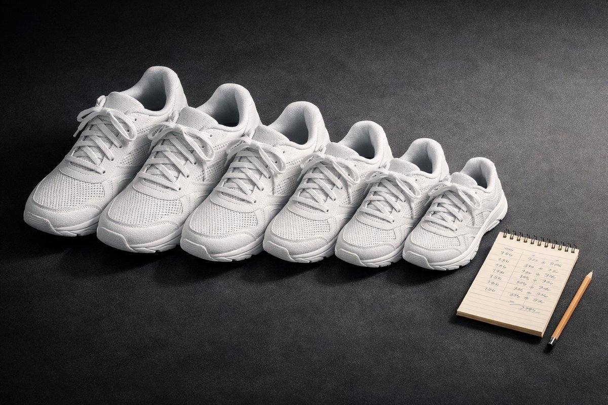 Row of white sneakers beside a handwritten cost calculation notebook on a dark desk, representing raffle profile planning for UK Nike drops