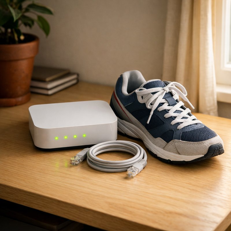 Home office router with indicator lights beside a sneaker, illustrating the importance of proxy and IP quality for UK sneaker raffle entries