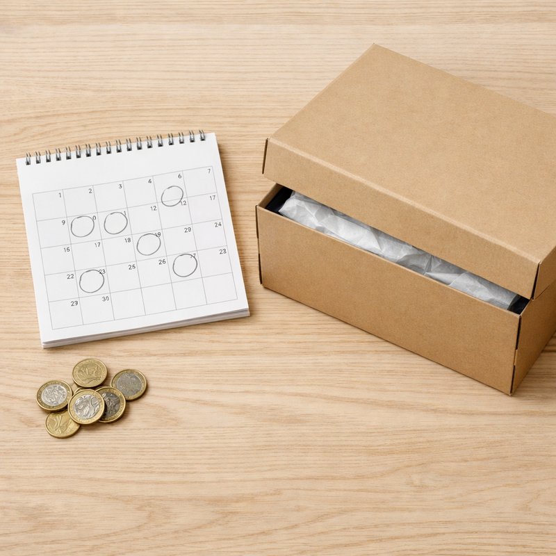 Calendar with circled dates beside a sealed sneaker box and pound coins, representing account seasoning timelines and cost planning for UK Nike raffle scaling