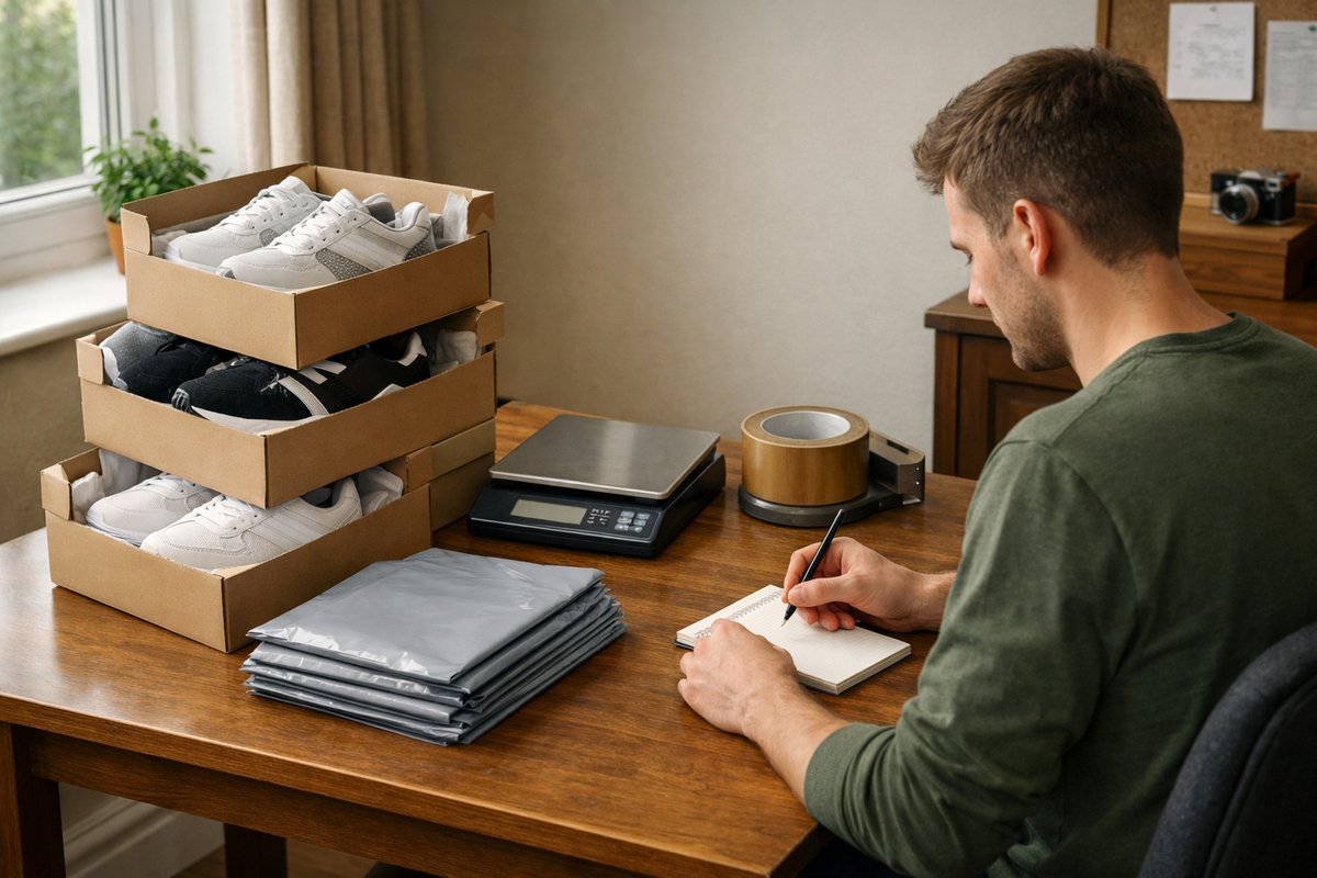 UK sneaker reseller's organised desk with boxed trainers, a postal scale, and packing materials ready to ship