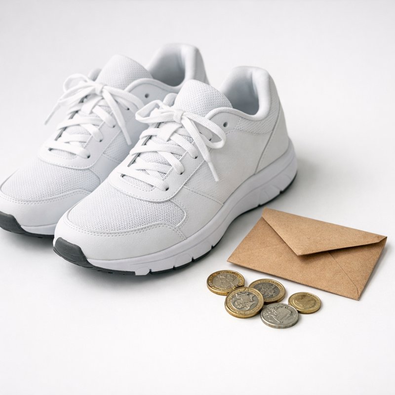 Unbranded sneakers next to pound coins and a small envelope illustrating actual net profit per pair after UK costs