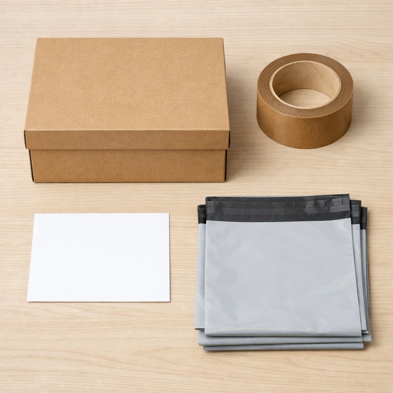 Sneaker shipping box, packing tape, mailer bags and a label laid out ready for dispatch showing UK fulfilment costs