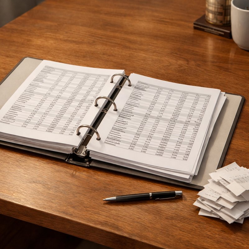 Organised record-keeping folder with printed sales ledger pages and receipts representing HMRC tax obligations for UK resellers