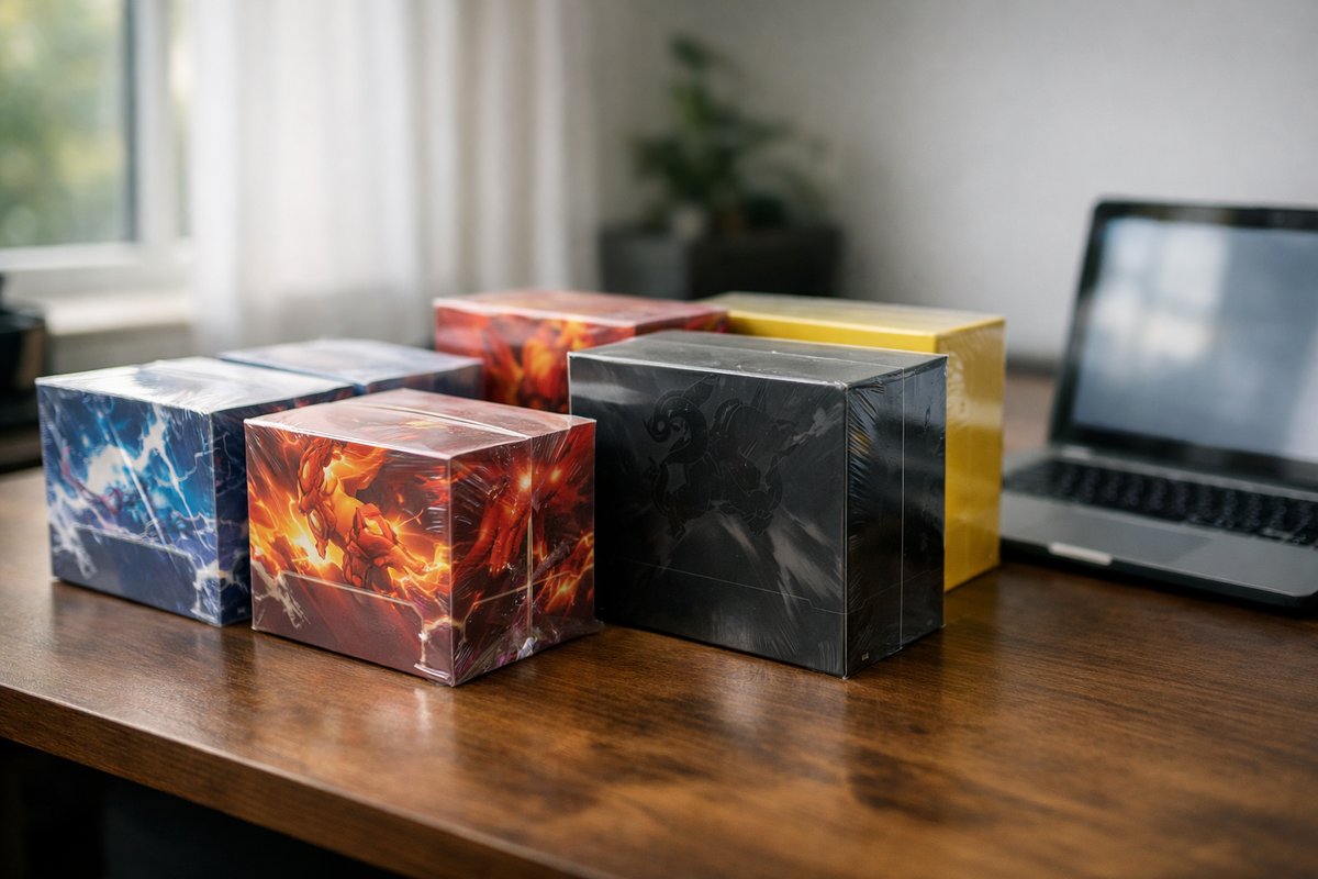 Sealed Pokemon TCG booster boxes and elite trainer boxes on a UK reseller's organised desk ready for dispatch
