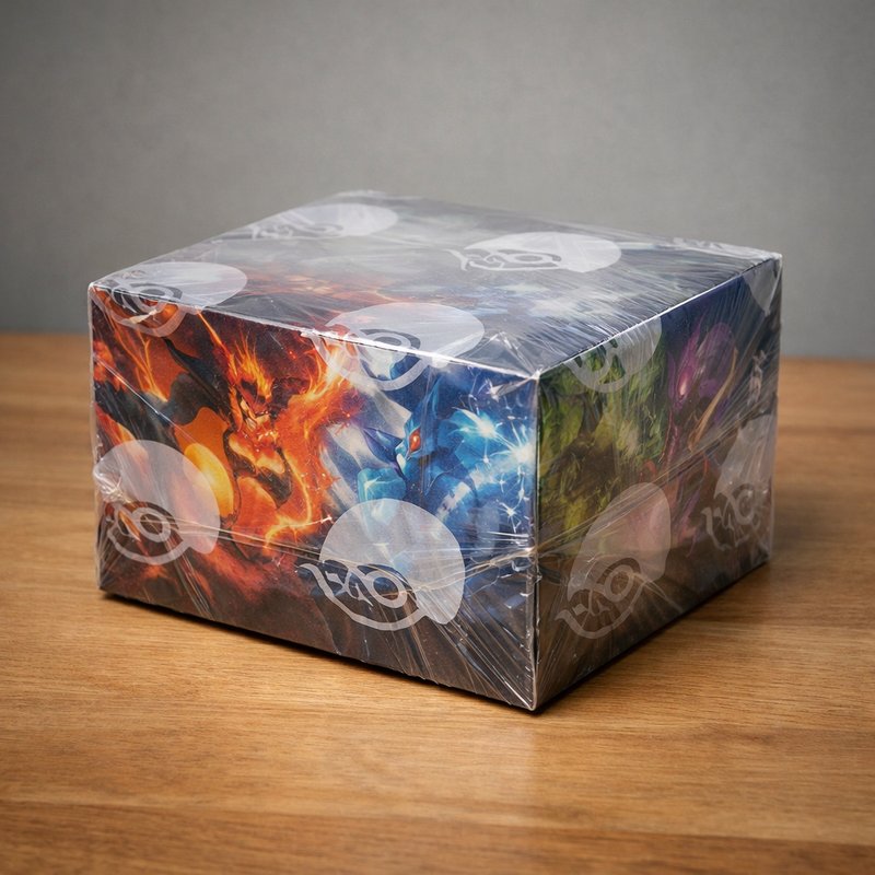 Sealed Pokemon TCG booster box on a wooden surface representing a Pokémon Center UK pre-order product
