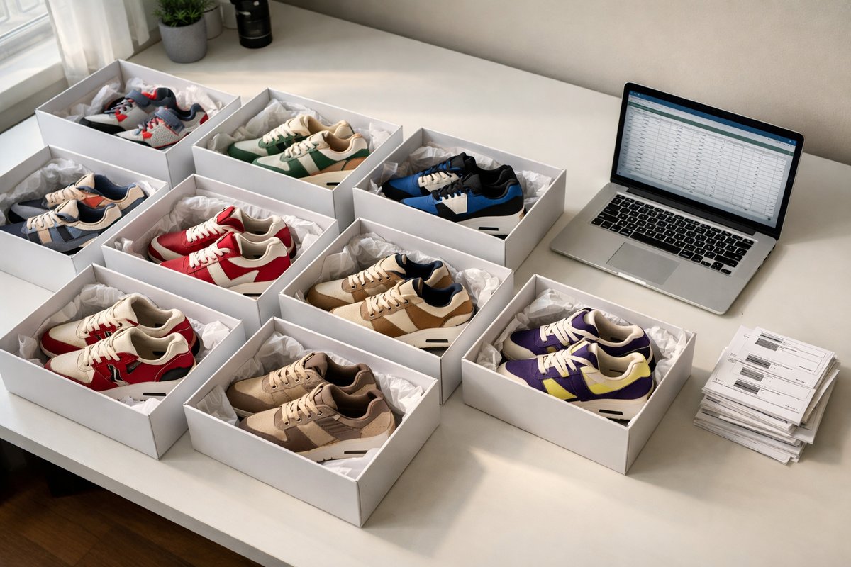 Multiple pairs of limited-edition sneakers in white boxes arranged on a desk alongside a laptop and shipping labels, representing scale sneaker reselling in the UK