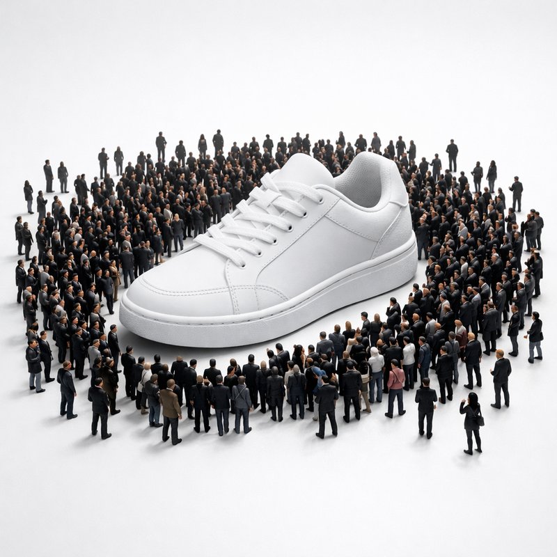 A single sneaker surrounded by a crowd of silhouettes illustrating the extreme odds of winning a limited sneaker raffle with one entry