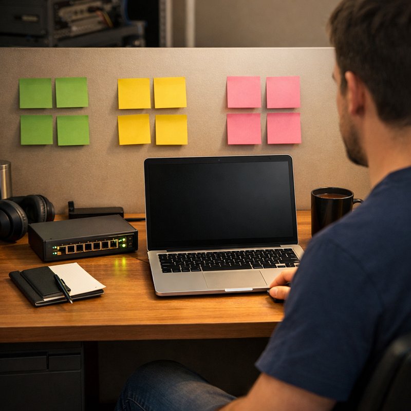An operator's desk with a laptop and network hardware representing the proxy and account infrastructure stack used for UK sneaker raffle entry at scale