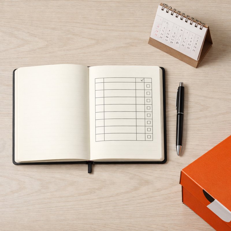A notebook with a checklist and a calendar beside a sneaker box, representing the planning and account hygiene discipline required for sustainable raffle entry