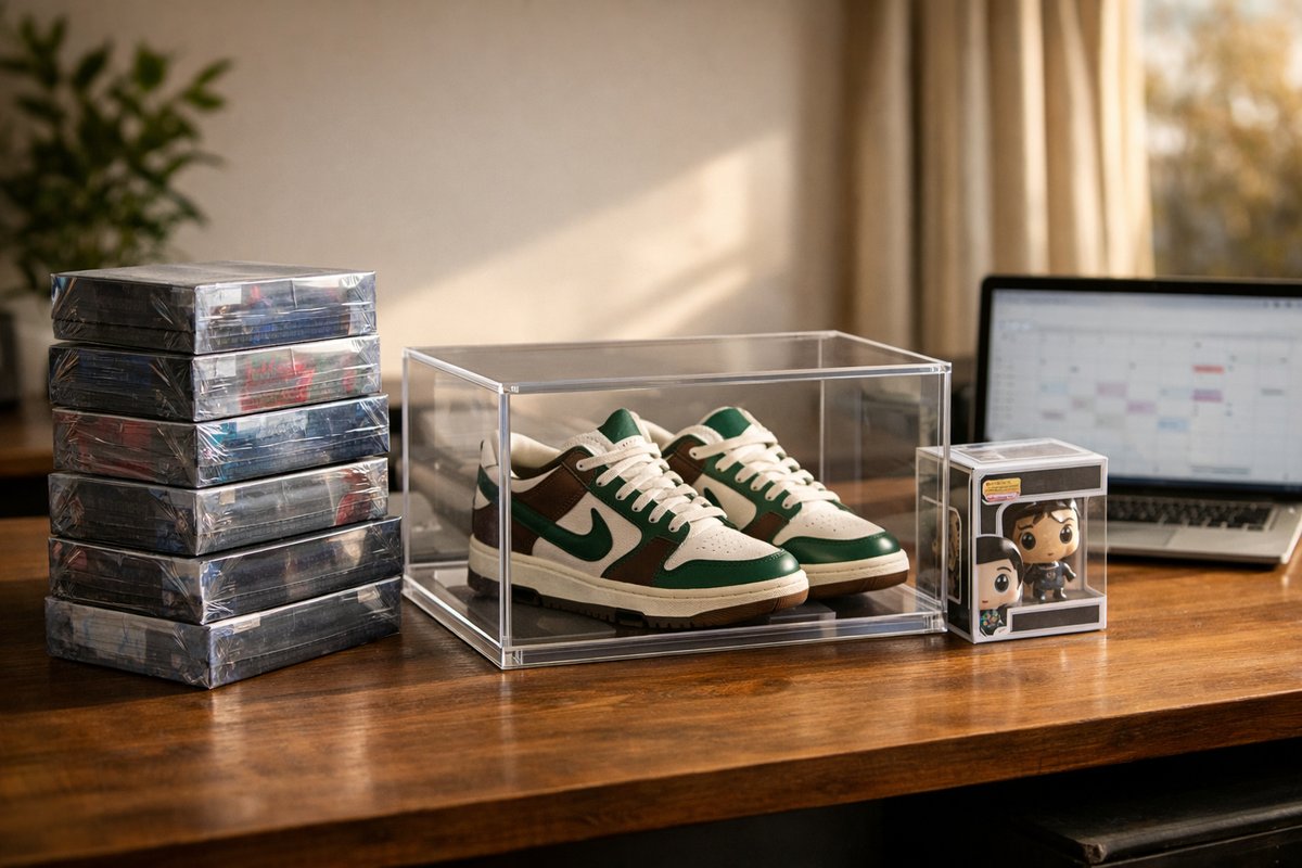 UK reseller's desk with sealed Pokemon cards, boxed trainers and Funko collectibles prepared for Q4 drop season 2026