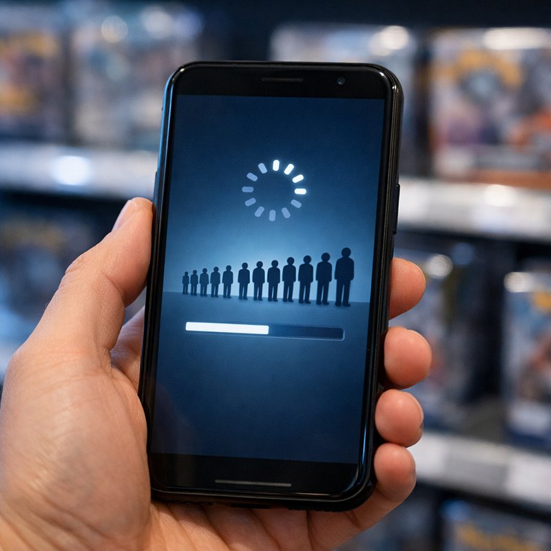 Reseller holding smartphone during a UK virtual queue drop, with sealed collectible products visible in the background