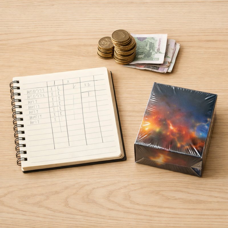 Reseller capital triage flat-lay with British currency, notebook scoring grid and sealed collectible product on a wooden desk