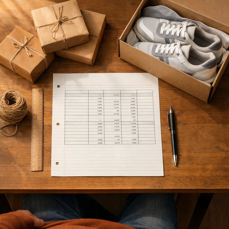 UK reseller cashflow planning layout with parcels and boxed trainers showing multi-category Q4 season organisation