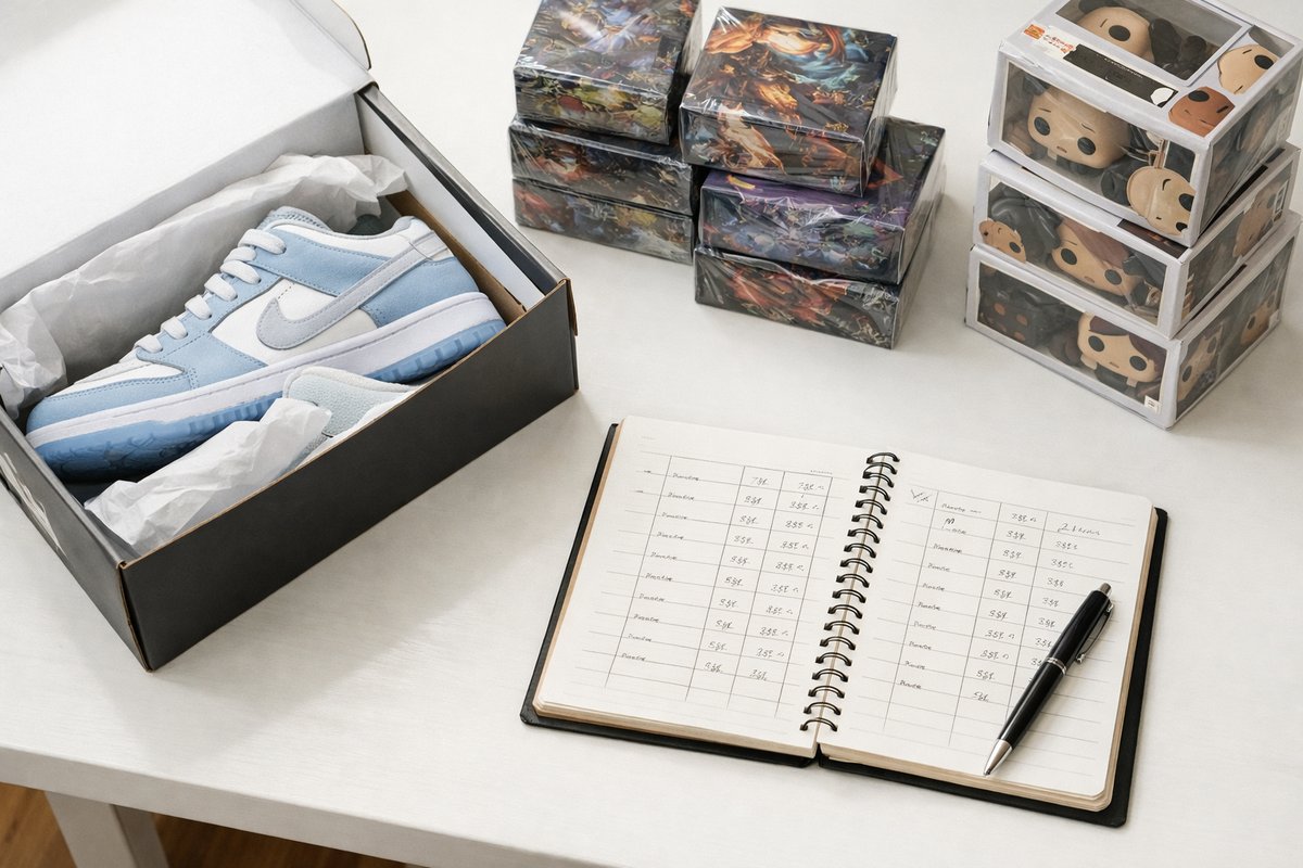 Flat lay of limited edition sneakers, sealed trading card boxes and a pricing spreadsheet notebook on a white desk