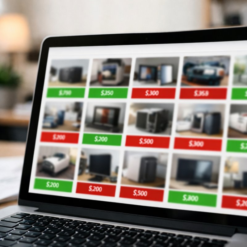 Laptop screen displaying a grid of product listings with green sold and red unsold indicators for resale comp research