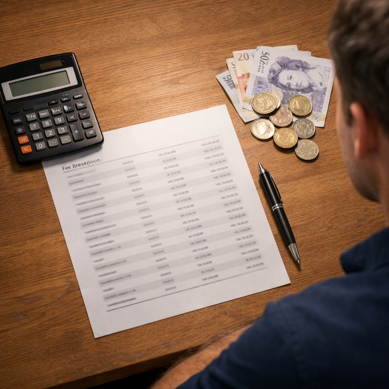 Top-down desk view with calculator, printed fee breakdown sheet, pen and UK currency illustrating reseller margin calculation